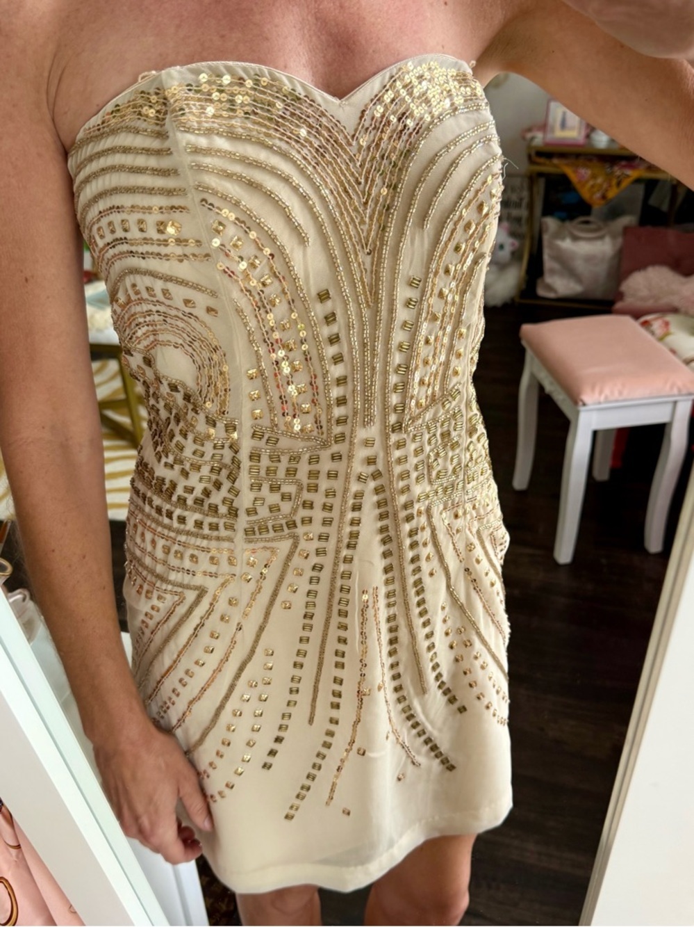 H&M Gold Beaded Strapless Mini Dress Vegas Party Club Sequin Bodycon Size 8